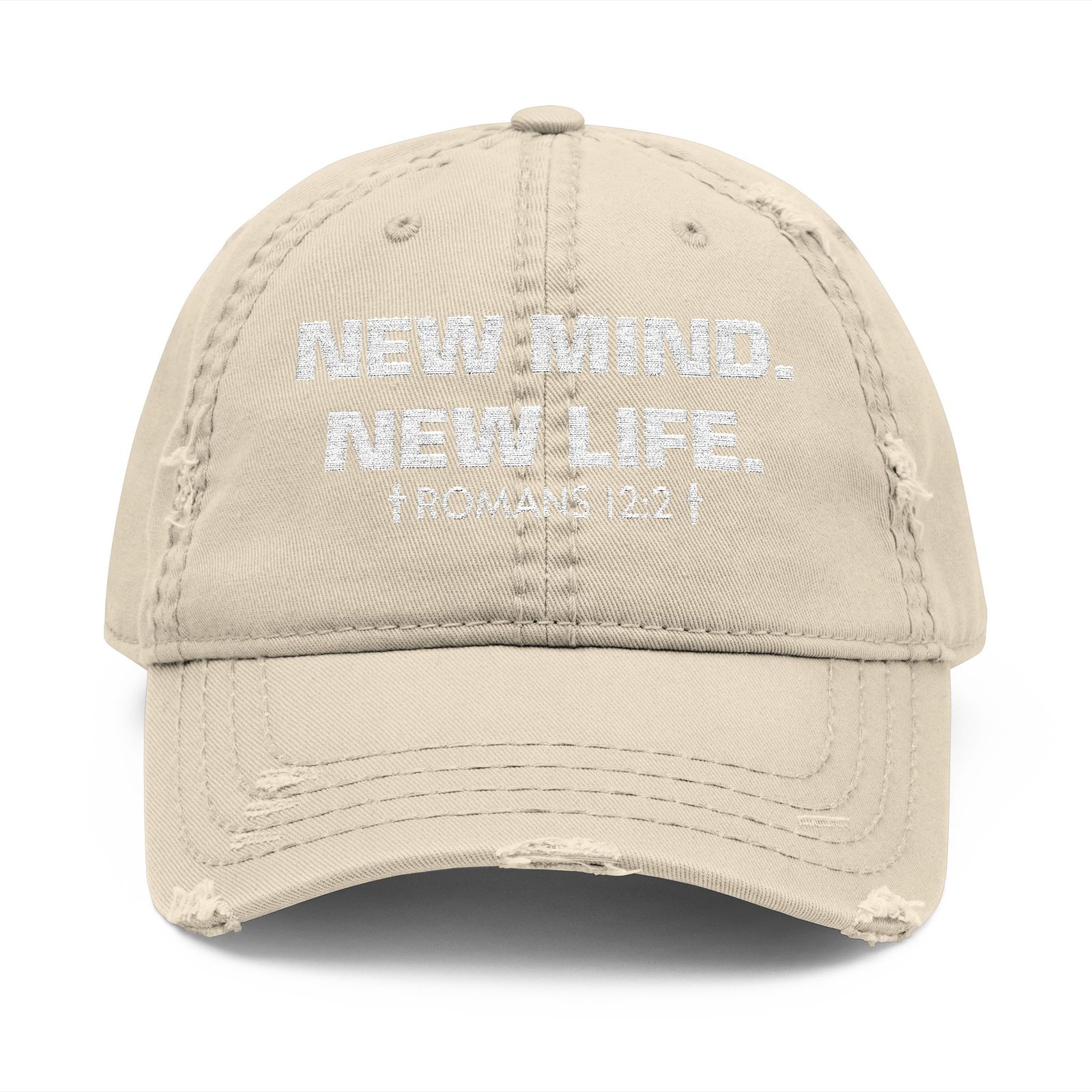 Distressed Embroidered Hat – “New Mind. New Life. Romans 12:2” Christian Cap - Image 5