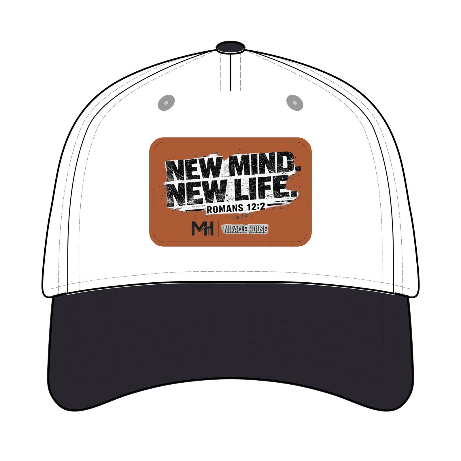 New Mind New Life Leather Patch Baseball Cap — Romans 12:2 Inspirational Hat